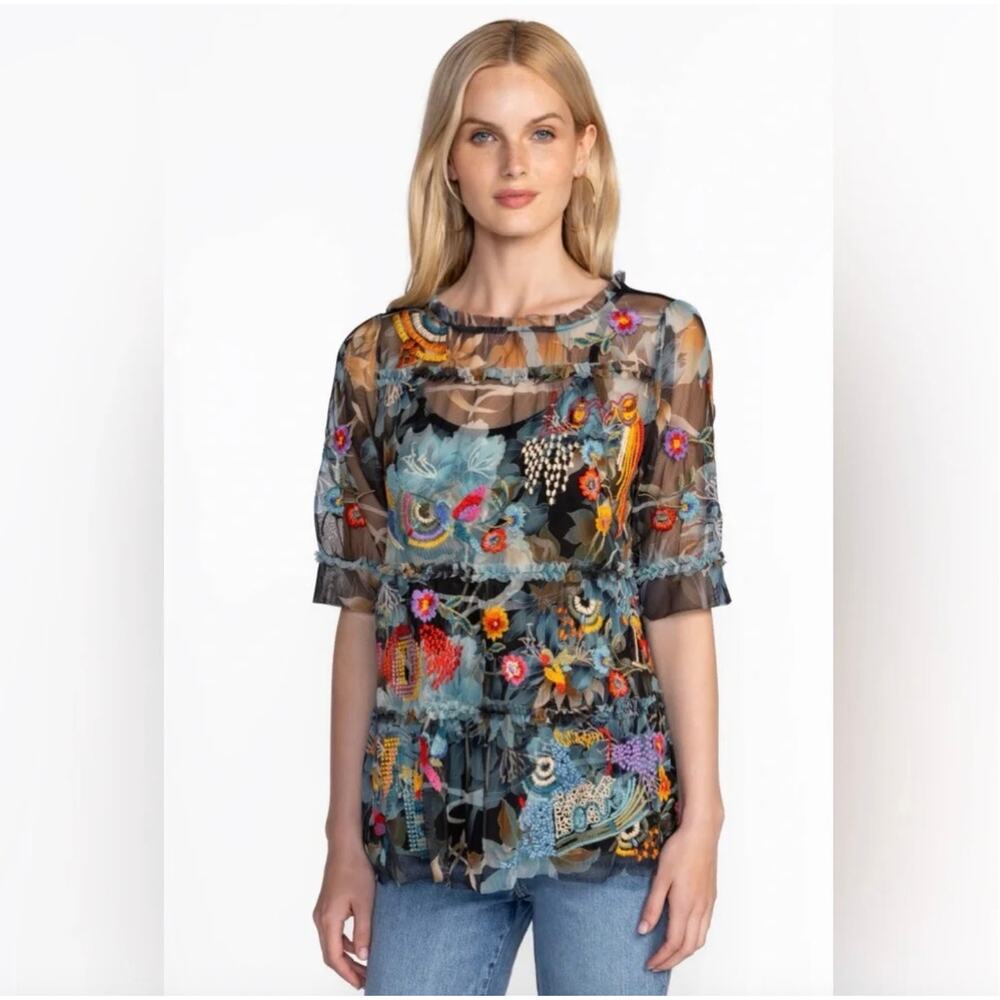Johnny Was 'Mazzy' Embroidered Boho Top with Cami in Mesh - Large